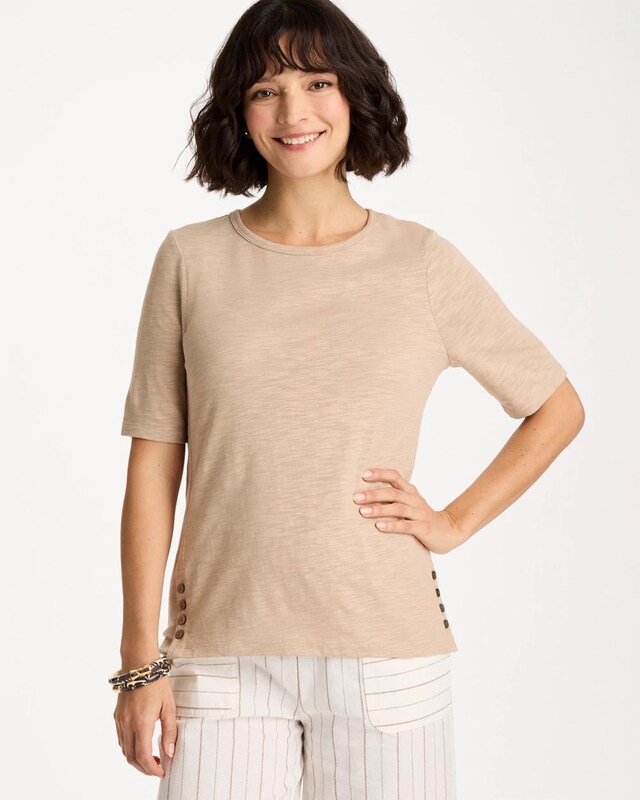Foil Print Cotton Slub Elbow-Sleeve Tee - image 1